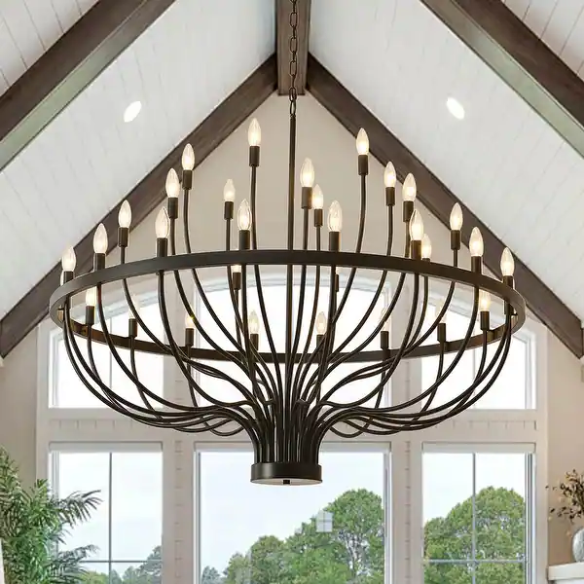 Oversized black farmhouse chandelier with 33 candle-style lights on a wagon wheel frame, ideal for high ceilings, dining rooms, and entryways