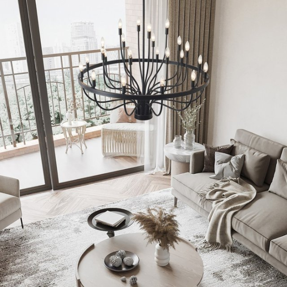 Oversized black farmhouse chandelier with 33 candle-style lights on a wagon wheel frame, ideal for high ceilings, dining rooms, and entryways