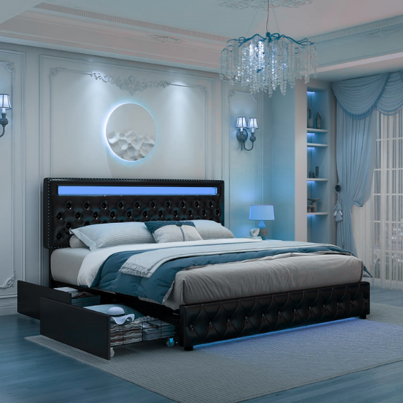 Black faux leather full size platform bed with adjustable LED headboard, button-tufted design, silver nailhead trim, and four underbed storage drawers