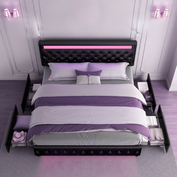 Black faux leather full size platform bed with adjustable LED headboard, button-tufted design, silver nailhead trim, and four underbed storage drawers