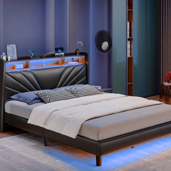 Black full size platform bed with linen upholstery, LED-lit wingback headboard, built-in USB and USB-C charging ports, and three storage shelves for modern functionality.