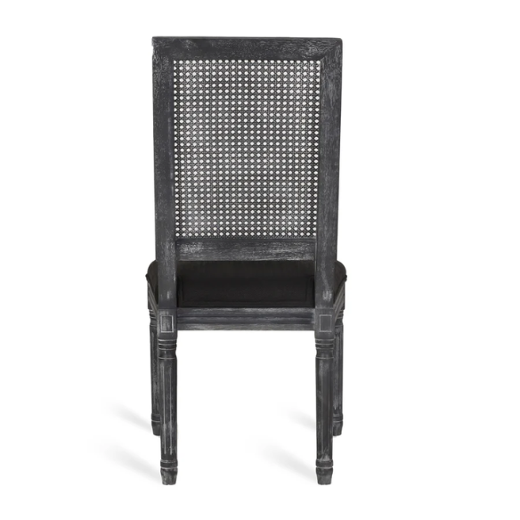 Set of 6 black and grey French country dining chairs with cane backs and upholstered grey seats, featuring fluted legs and rustic charm.