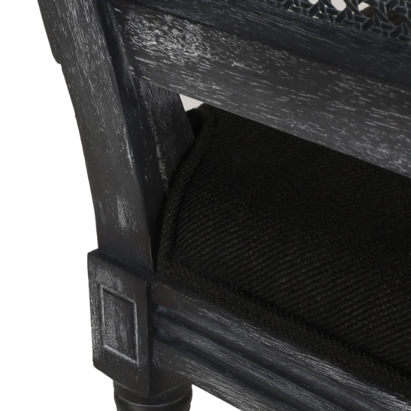 Set of 6 black and grey French country dining chairs with cane backs and upholstered grey seats, featuring fluted legs and rustic charm.