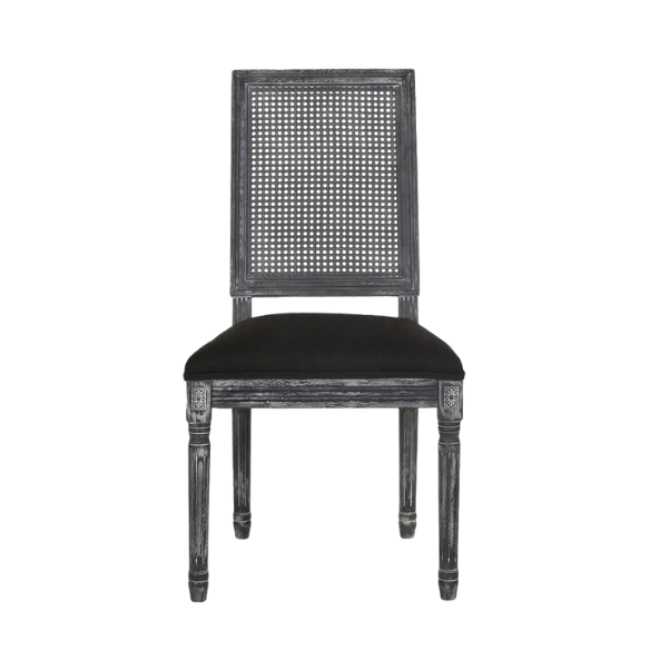 Set of 6 black and grey French country dining chairs with cane backs and upholstered grey seats, featuring fluted legs and rustic charm.