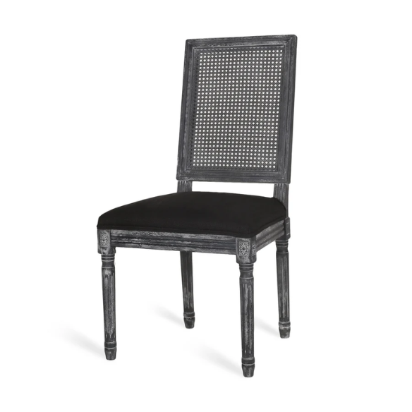 Set of 6 black and grey French country dining chairs with cane backs and upholstered grey seats, featuring fluted legs and rustic charm.