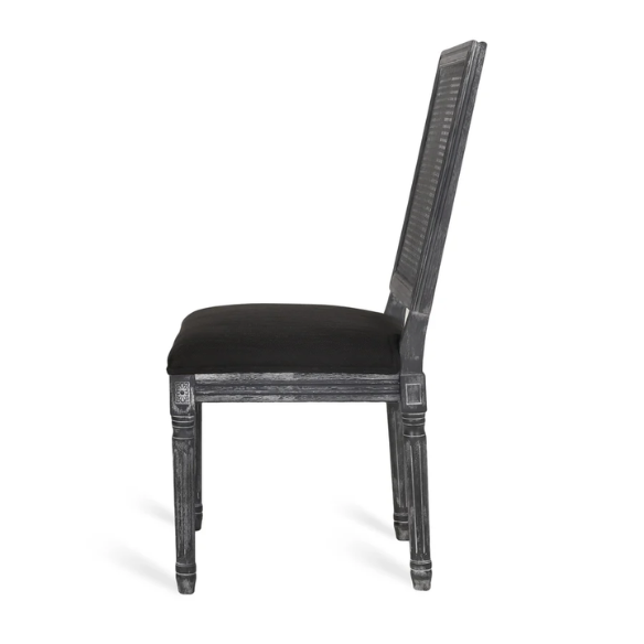 Set of 6 black and grey French country dining chairs with cane backs and upholstered grey seats, featuring fluted legs and rustic charm.