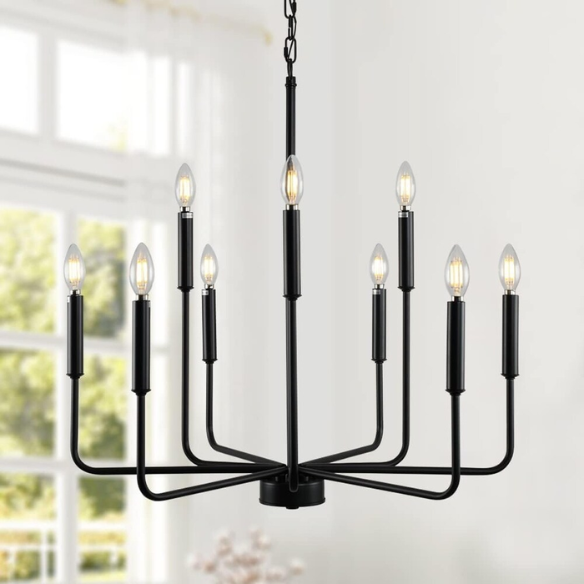 Black 9-light industrial chandelier with candle-style arms and adjustable hanging height, ideal for dining rooms, kitchens, or vaulted ceilings