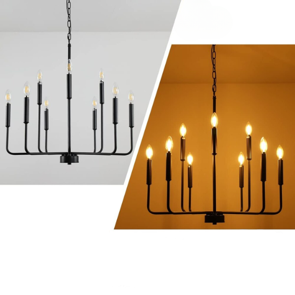 Black 9-light industrial chandelier with candle-style arms and adjustable hanging height, ideal for dining rooms, kitchens, or vaulted ceilings