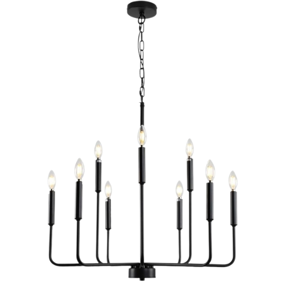 Black 9-light industrial chandelier with candle-style arms and adjustable hanging height, ideal for dining rooms, kitchens, or vaulted ceilings