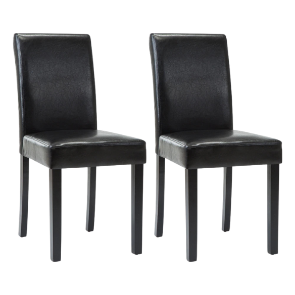 Set of 2 black PU leather Parsons dining chairs with cushioned seats and solid wood legs, designed for modern dining rooms or kitchens.