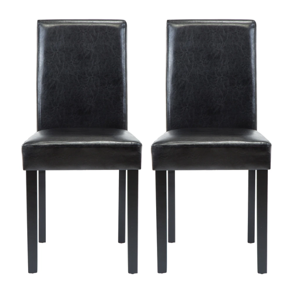 Set of 2 black PU leather Parsons dining chairs with cushioned seats and solid wood legs, designed for modern dining rooms or kitchens.