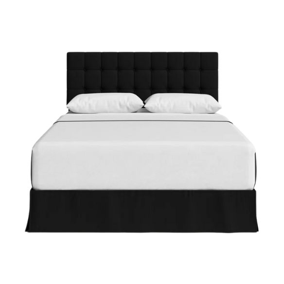 Black queen size bed with tufted wingback headboard, polyester upholstery, and nailhead trim.