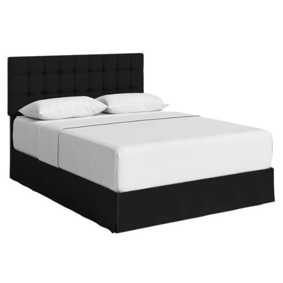 Black queen size bed with tufted wingback headboard, polyester upholstery, and nailhead trim.