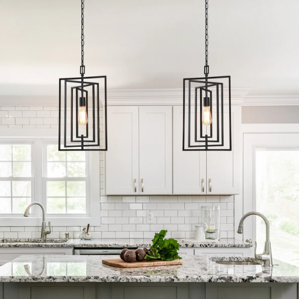 Contemporary 1-light black rectangular pendant light with adjustable hanging chain, ideal for kitchen islands or modern interiors