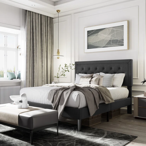 Black queen-size bed with button-tufted adjustable linen headboard, slatted platform design, and 8-inch underbed storage clearance.