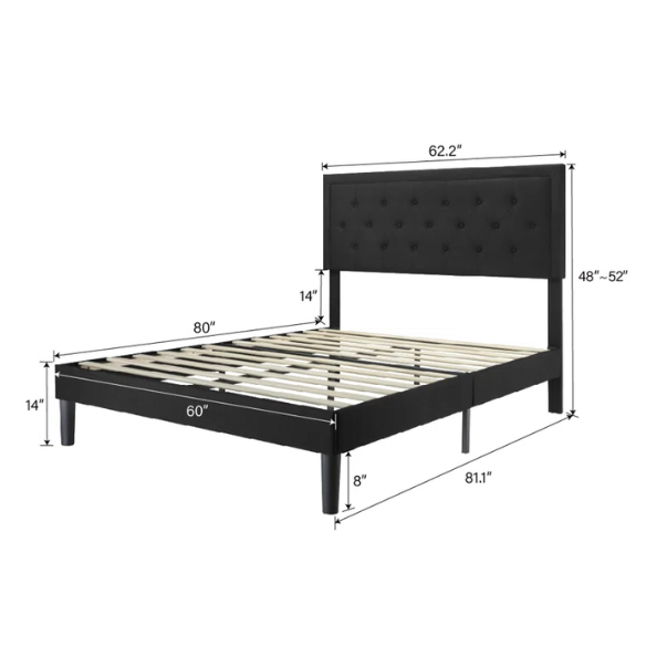 Black queen-size bed with button-tufted adjustable linen headboard, slatted platform design, and 8-inch underbed storage clearance.