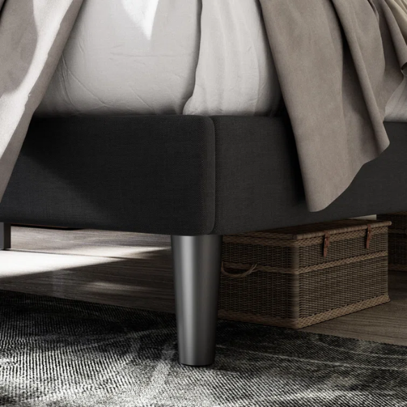 Black queen-size bed with button-tufted adjustable linen headboard, slatted platform design, and 8-inch underbed storage clearance.