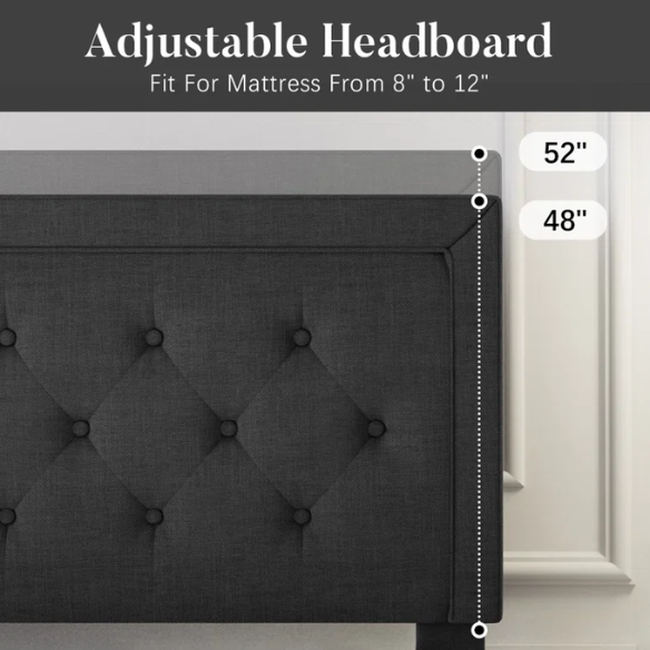 Black queen-size bed with button-tufted adjustable linen headboard, slatted platform design, and 8-inch underbed storage clearance.