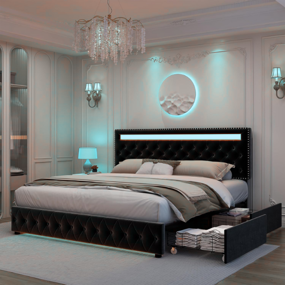 Black velvet full size platform bed with button-tufted adjustable LED headboard, silver nailhead trim, and four underbed storage drawers on casters
