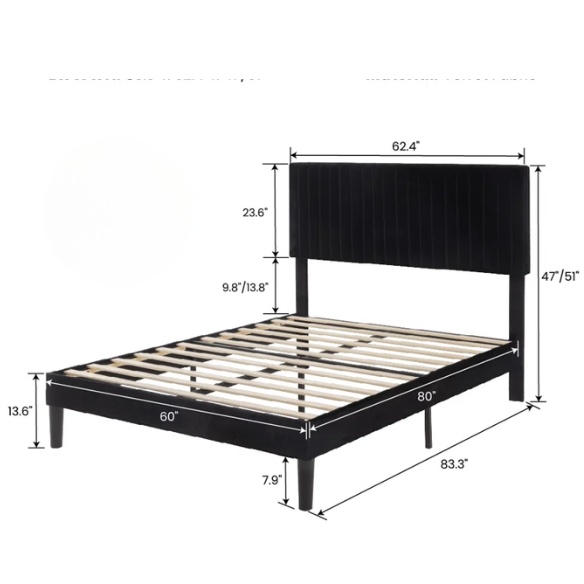 Black velvet upholstered queen bed with tufted wingback headboard and low-profile frame.