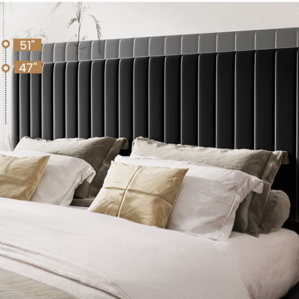Black velvet upholstered queen bed with tufted wingback headboard and low-profile frame.