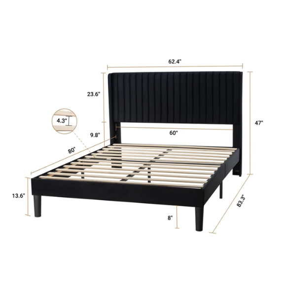Black velvet queen-size upholstered bed with tufted wingback headboard, 8-inch clearance, and solid wood frame.