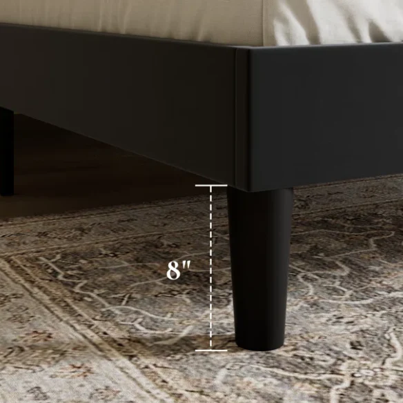 Black velvet queen-size upholstered bed with tufted wingback headboard, 8-inch clearance, and solid wood frame.