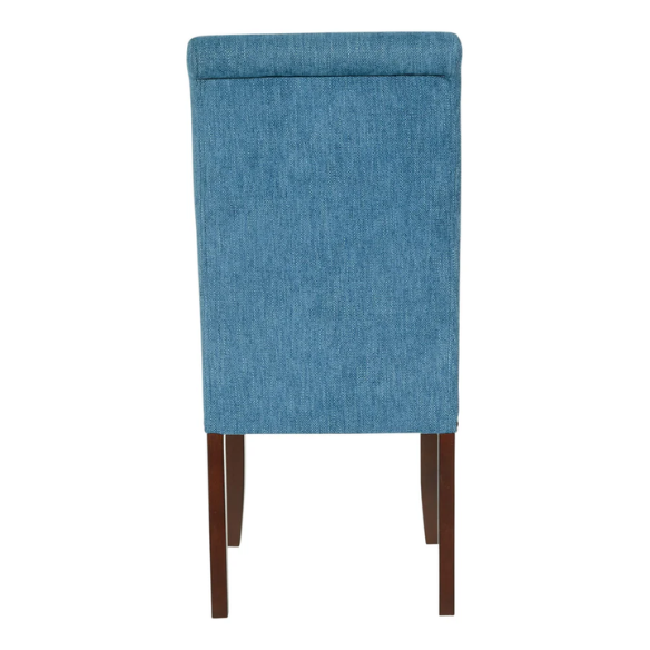 Blue denim upholstered Parsons chair with scrolled back, antique bronze nailhead trim, and solid wood legs