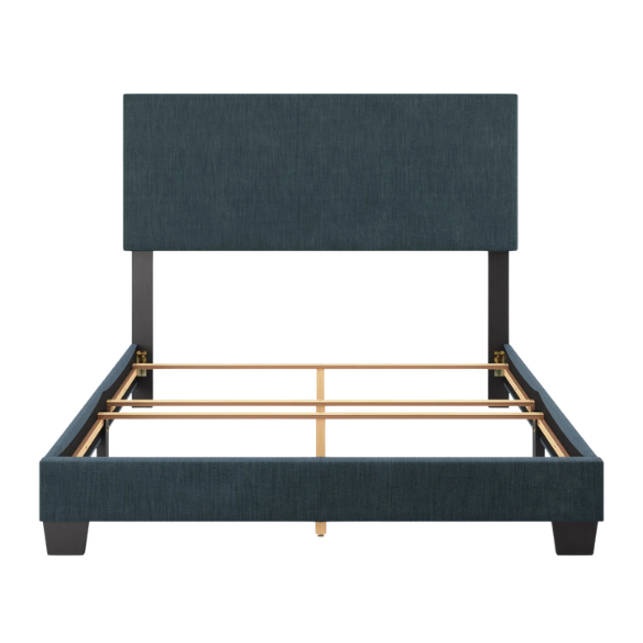 Full-size blue upholstered bed with polyester fabric, tall foam-padded rectangular headboard, and modern clean-line design.