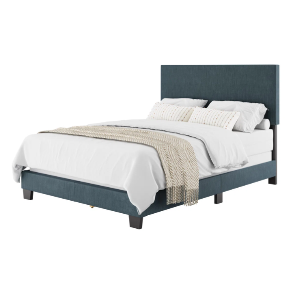 Full-size blue upholstered bed with polyester fabric, tall foam-padded rectangular headboard, and modern clean-line design.