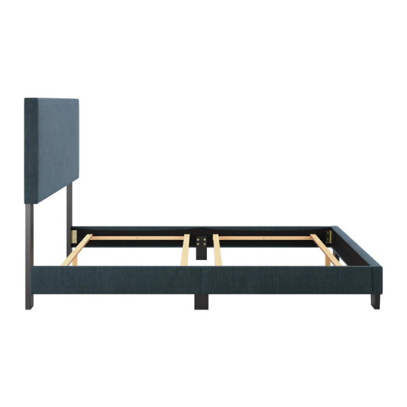 Full-size blue upholstered bed with polyester fabric, tall foam-padded rectangular headboard, and modern clean-line design.
