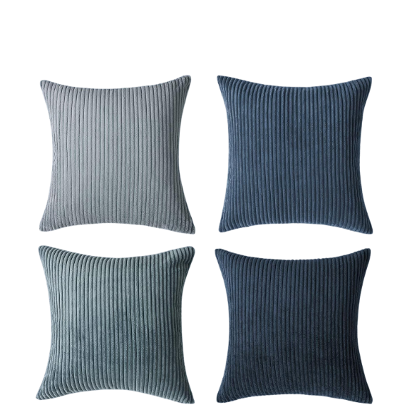 Set of 4 blue striped corduroy pillow covers with gradient design, invisible zippers, and soft texture – decorative 18x18 square cushion covers for boho, farmhouse, or modern home decor.