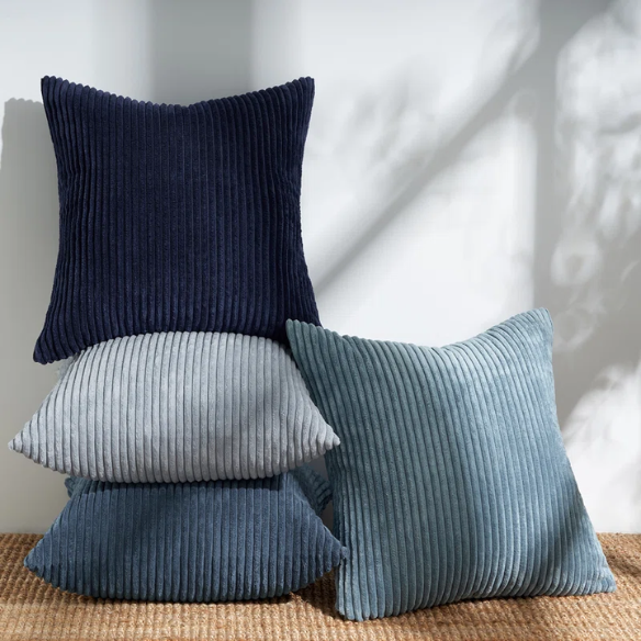Set of 4 blue striped corduroy pillow covers with gradient design, invisible zippers, and soft texture – decorative 18x18 square cushion covers for boho, farmhouse, or modern home decor.