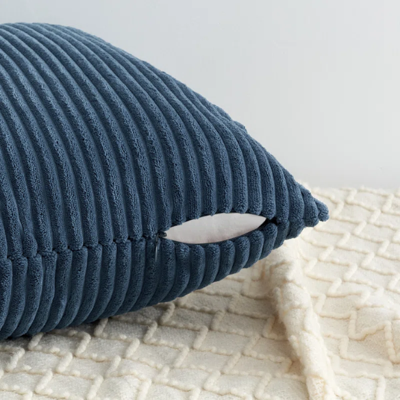 Set of 4 blue striped corduroy pillow covers with gradient design, invisible zippers, and soft texture – decorative 18x18 square cushion covers for boho, farmhouse, or modern home decor.