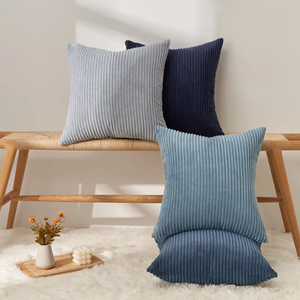 Set of 4 blue striped corduroy pillow covers with gradient design, invisible zippers, and soft texture – decorative 18x18 square cushion covers for boho, farmhouse, or modern home decor.