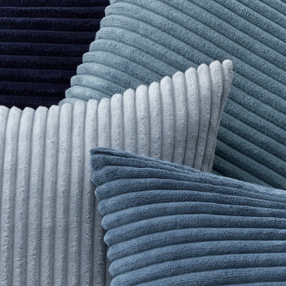 Set of 4 blue striped corduroy pillow covers with gradient design, invisible zippers, and soft texture – decorative 18x18 square cushion covers for boho, farmhouse, or modern home decor.