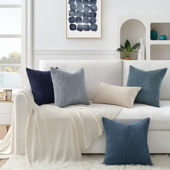 Set of 4 blue striped corduroy pillow covers with gradient design, invisible zippers, and soft texture – decorative 18x18 square cushion covers for boho, farmhouse, or modern home decor.
