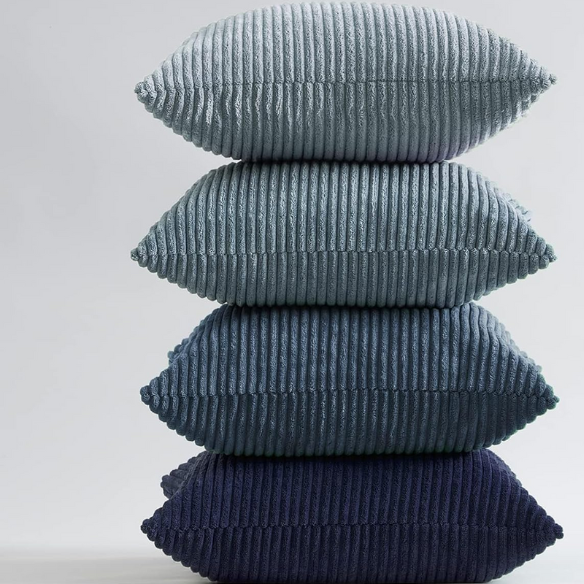 Set of 4 blue striped corduroy pillow covers with gradient design, invisible zippers, and soft texture – decorative 18x18 square cushion covers for boho, farmhouse, or modern home decor.