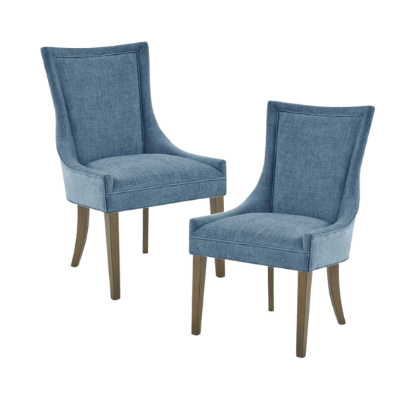 Set of 2 upholstered armless dining chairs in rich blue chenille with solid wood legs, high backs, and piped detailing.