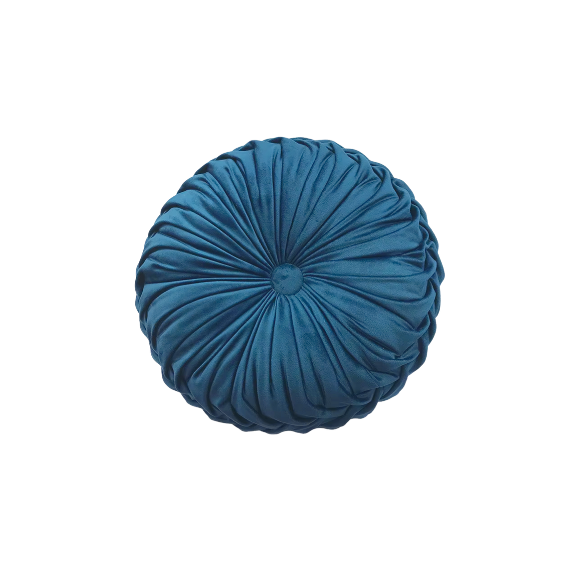 Blue Velvet Round Throw Pillow with Ribbed Edges - Elegant Decorative Cushion for Home Décor