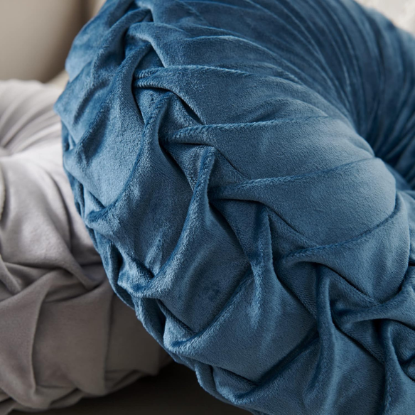 Blue Velvet Round Throw Pillow with Ribbed Edges - Elegant Decorative Cushion for Home Décor
