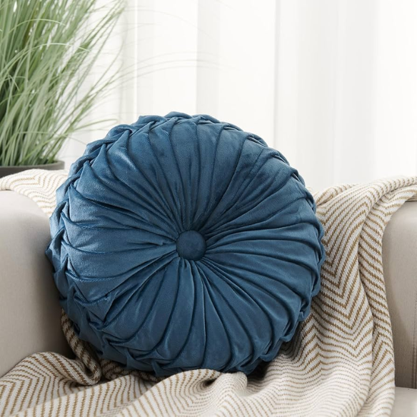 Blue Velvet Round Throw Pillow with Ribbed Edges - Elegant Decorative Cushion for Home Décor