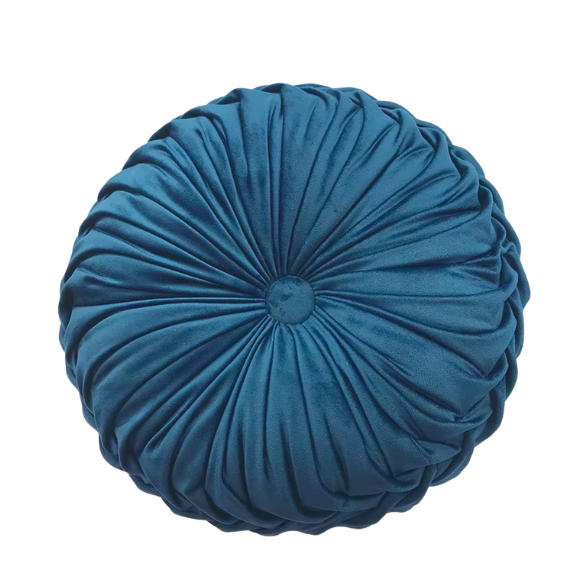 Blue Velvet Round Throw Pillow with Ribbed Edges - Elegant Decorative Cushion for Home Décor