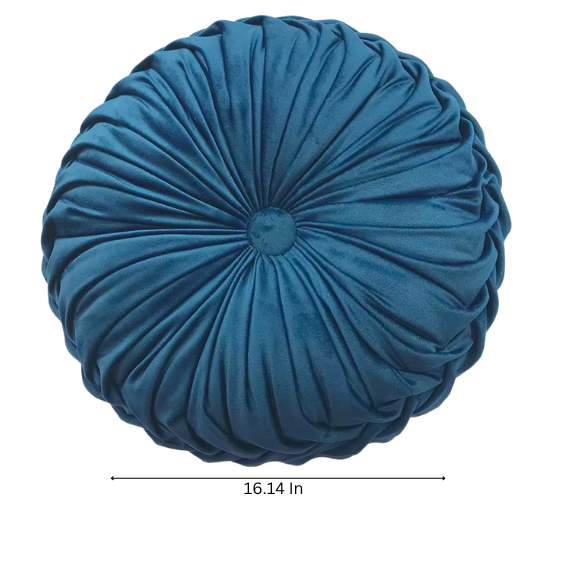 Blue Velvet Round Throw Pillow with Ribbed Edges - Elegant Decorative Cushion for Home Décor