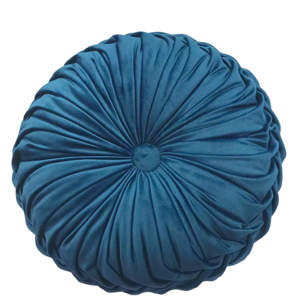 Blue Velvet Round Throw Pillow with Ribbed Edges - Elegant Decorative Cushion for Home Décor