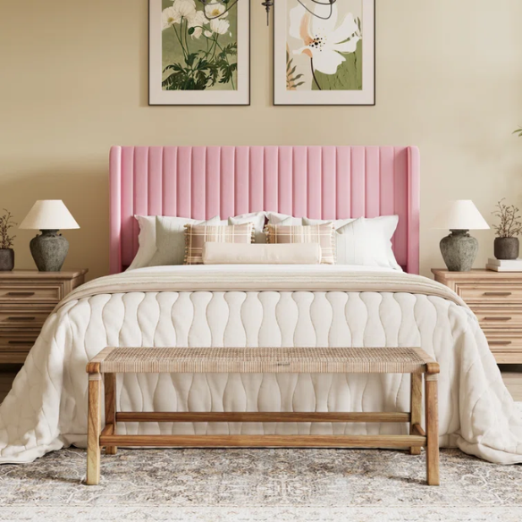 Blush pink velvet queen bed with tufted wingback headboard, 8-inch underbed clearance, and solid wood frame.