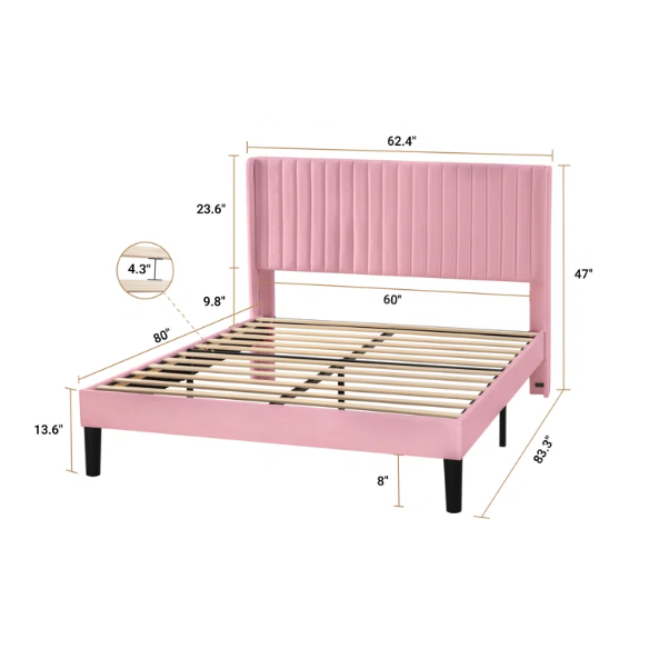 Blush pink velvet queen bed with tufted wingback headboard, 8-inch underbed clearance, and solid wood frame.