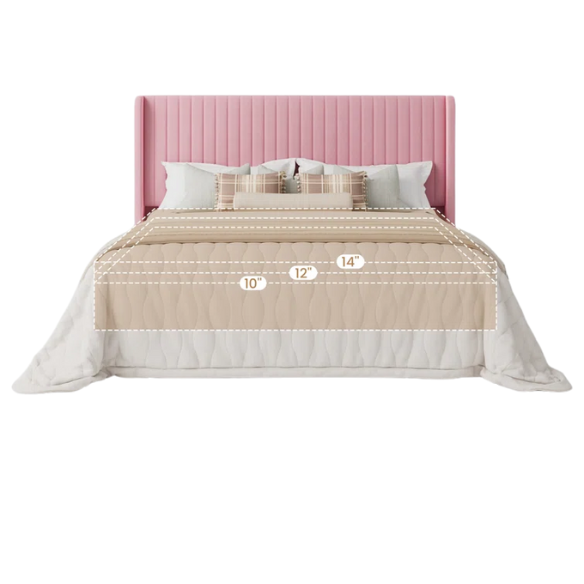 Blush pink velvet queen bed with tufted wingback headboard, 8-inch underbed clearance, and solid wood frame.