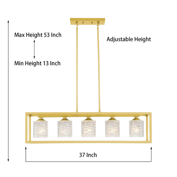 Modern brass gold rectangular chandelier with rippled glass crystal shades and adjustable height for kitchen islands or dining rooms