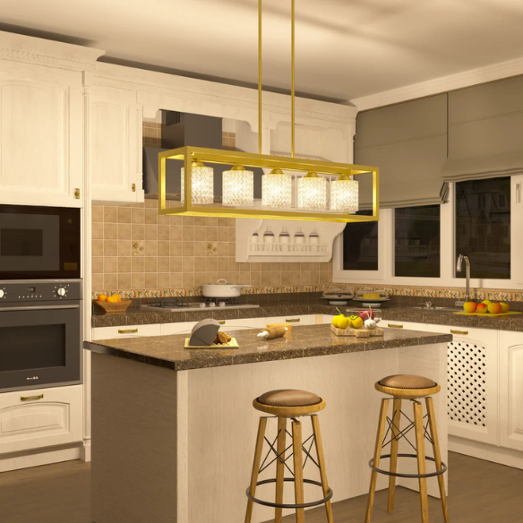 Modern brass gold rectangular chandelier with rippled glass crystal shades and adjustable height for kitchen islands or dining rooms